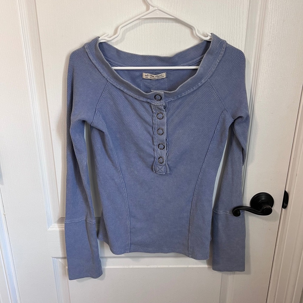 We The Free Free People Blue Waffle Knit Henley Thermal Long Sleeve Top Large